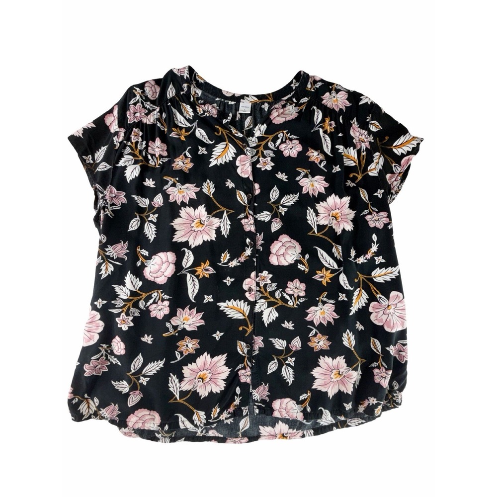 Old Navy Women's Large Black Floral Button Front Short Sleeve Blouse Top Career